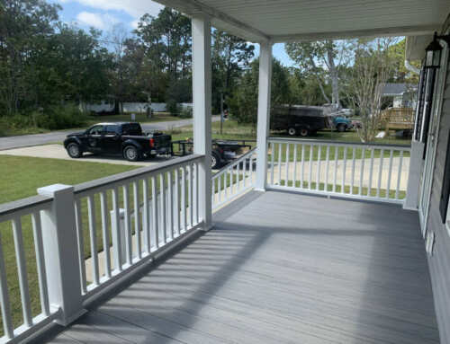 White Key West Vinyl Rail + Drink Rail with 6×6 Smooth Post Wrap and 6×6 Sleeves