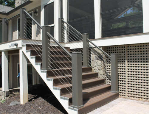Non-Stamped Bronze Top Stair Rail and 6×6 Bronze Aluminum Post Sleeves with third-party cable rail system