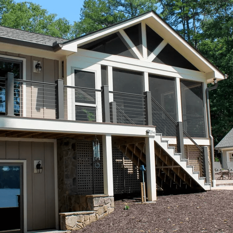 Non-Stamped Bronze Aluminum Top Rails and 6×6 Aluminum Post Sleeve with a third-party cable rail system and ScreenEze